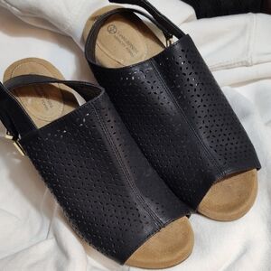 Black Perforated Leather Slingback Sandals